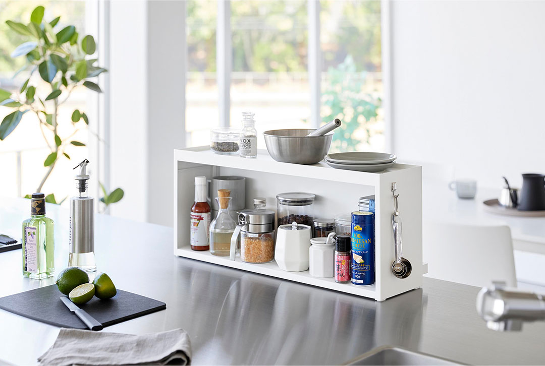 前が開くキッチンカウンター上収納ラック タワー Ｄ15 ホワイト