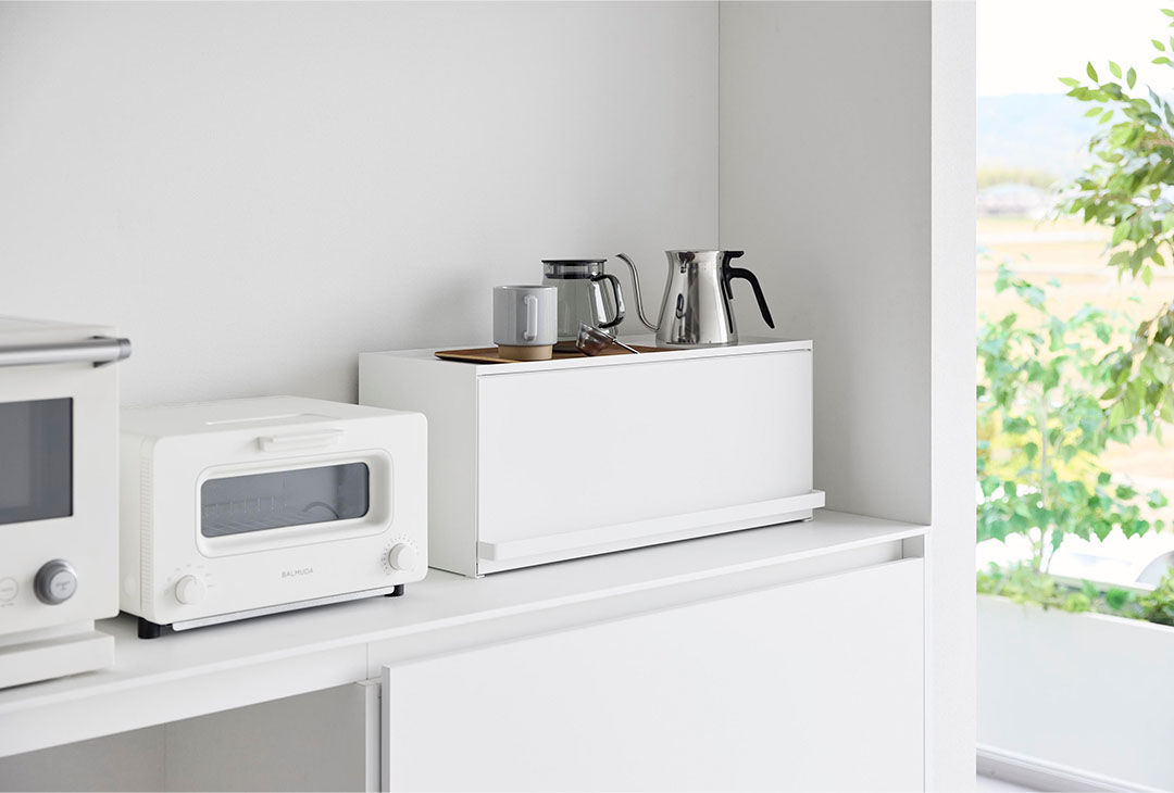 前が開くキッチンカウンター上収納ラック タワー Ｄ24 ホワイト