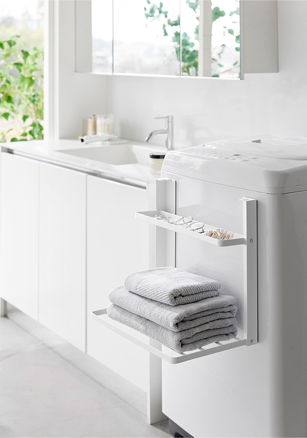 洗濯機横マグネット折り畳み棚 タワー 2段 ホワイト