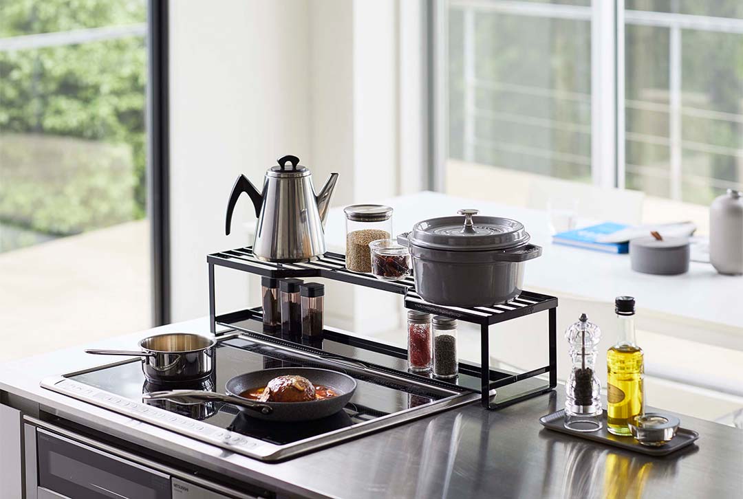 コンロ奥ラック 排気口カバー付  タワー 60cmコンロ用 ブラック