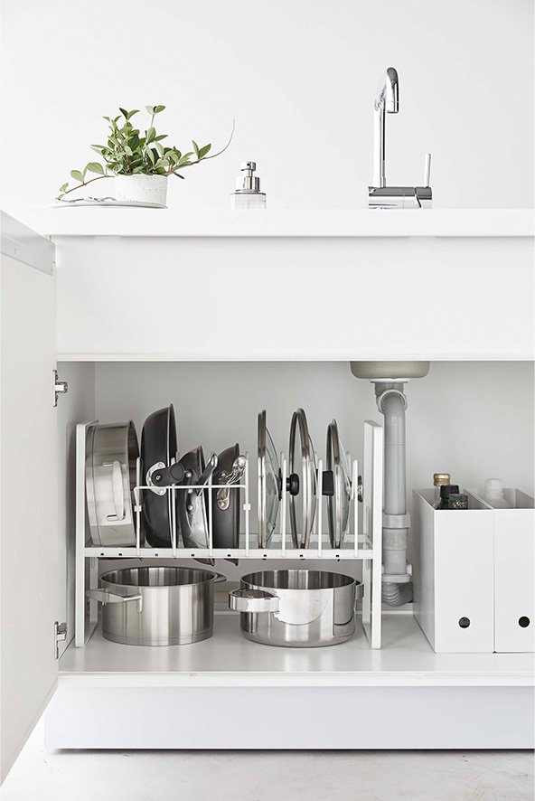 シンク下高さ調整鍋蓋&フライパン収納ラック 2段 タワー ホワイト