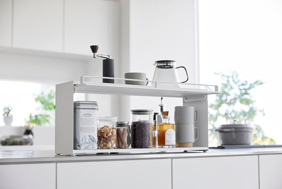 前が開くキッチンカウンター上収納ラック タワー Ｄ15 ホワイト