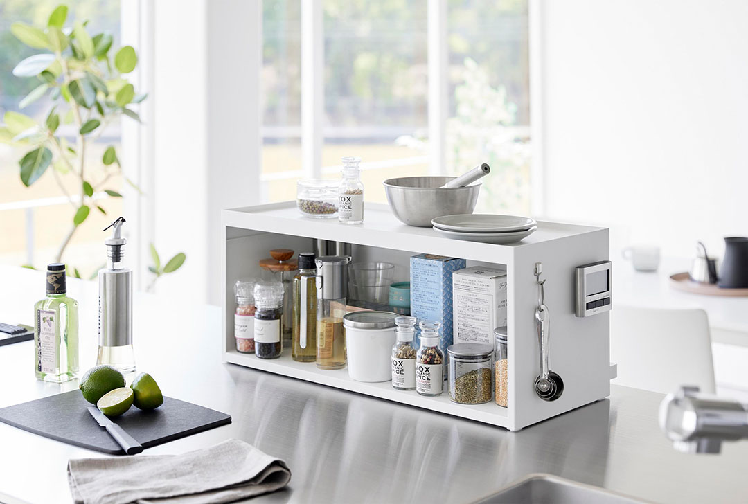 前が開くキッチンカウンター上収納ラック タワー Ｄ24 ホワイト