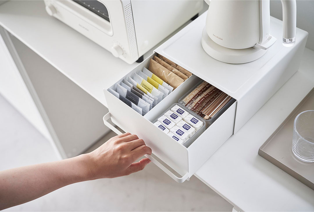 引き出し付きキッチン家電下ラック タワー ホワイト