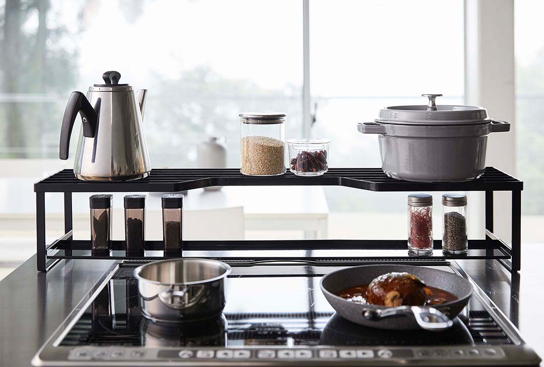 コンロ奥ラック 排気口カバー付  タワー 60cmコンロ用 ブラック