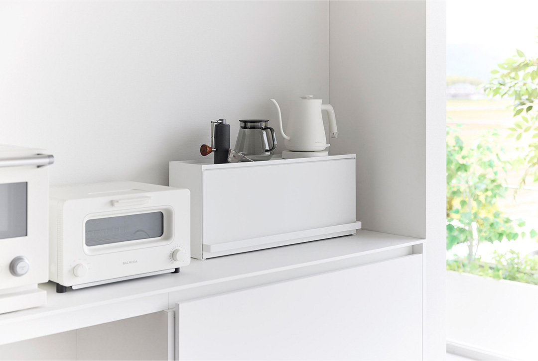 前が開くキッチンカウンター上収納ラック タワー Ｄ15 ホワイト