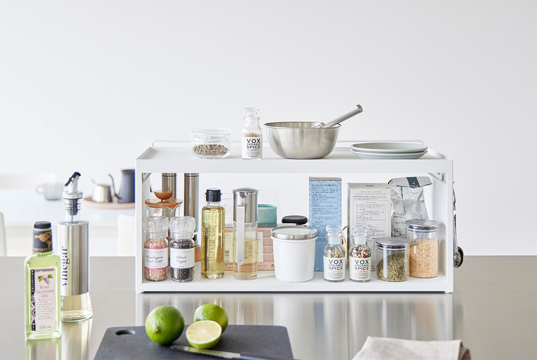 前が開くキッチンカウンター上収納ラック タワー Ｄ24 ホワイト