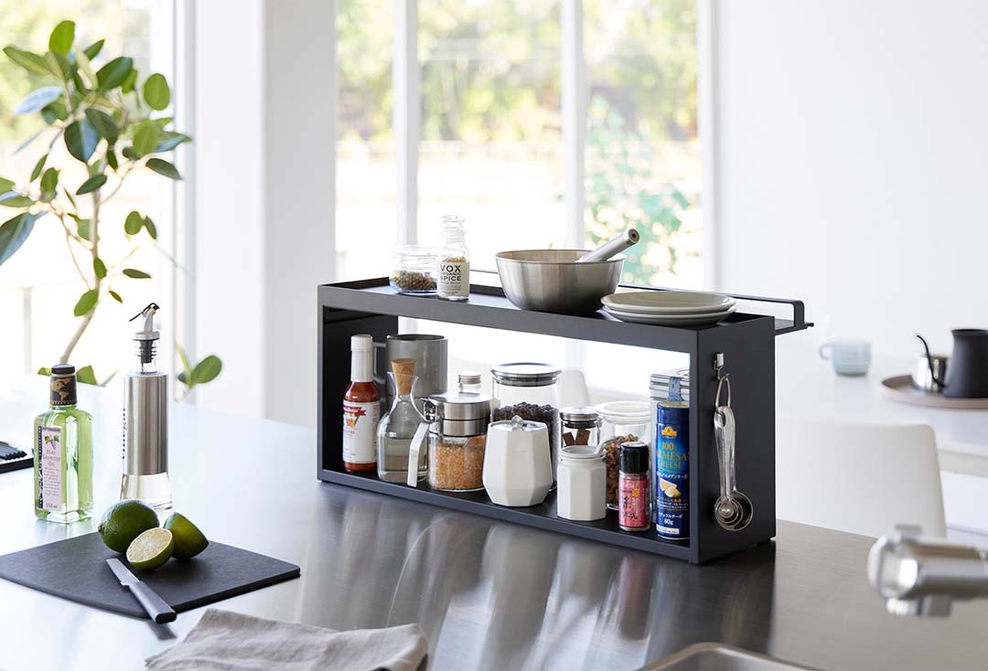 前が開くキッチンカウンター上収納ラック タワー Ｄ15 ホワイト