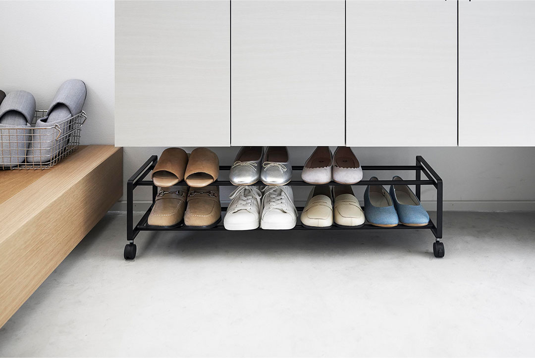 引き出せるキャスター付きシューズラック タワー 2段 ブラック