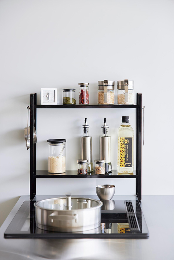 下が拭けるコンロ横ラック タワー 2段 ブラック