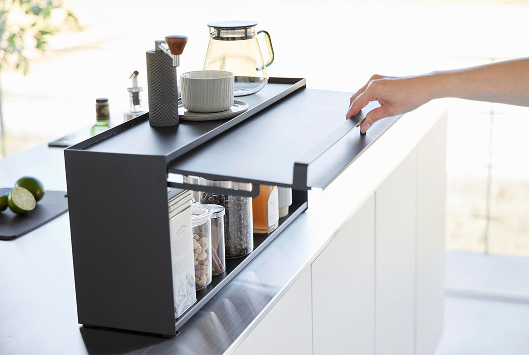 前が開くキッチンカウンター上収納ラック タワー Ｄ15 ホワイト