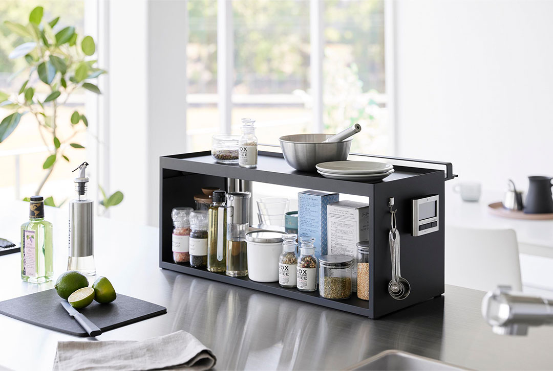 前が開くキッチンカウンター上収納ラック タワー Ｄ24 ホワイト