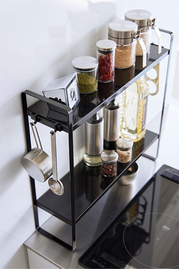 下が拭けるコンロ横ラック タワー 2段 ブラック