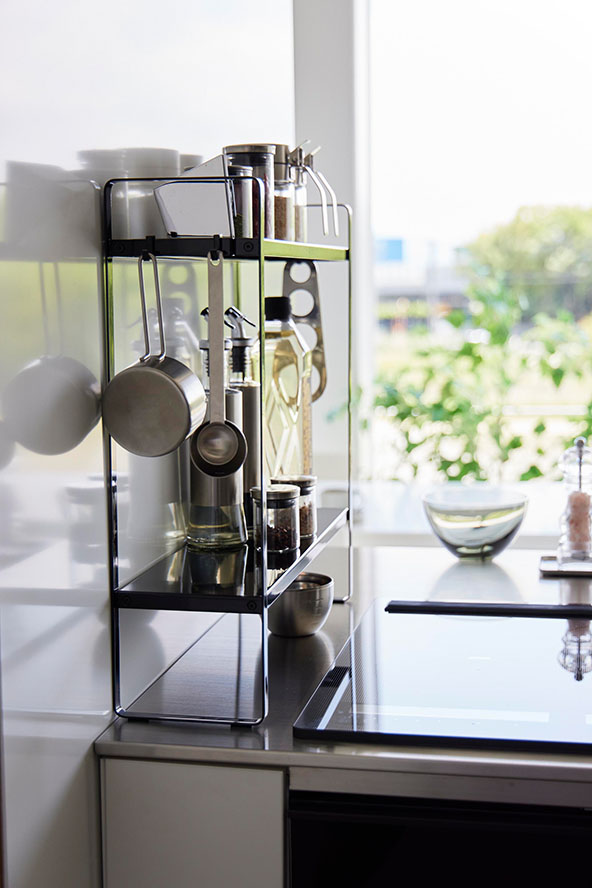 下が拭けるコンロ横ラック タワー 2段 ブラック